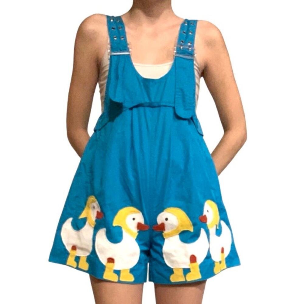 Custom Upcycled Y2K Silly Goose Duck Patchwork Blue Romper – Small
